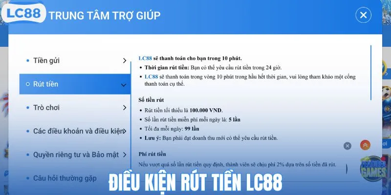 Điều kiện rút tiền LC88